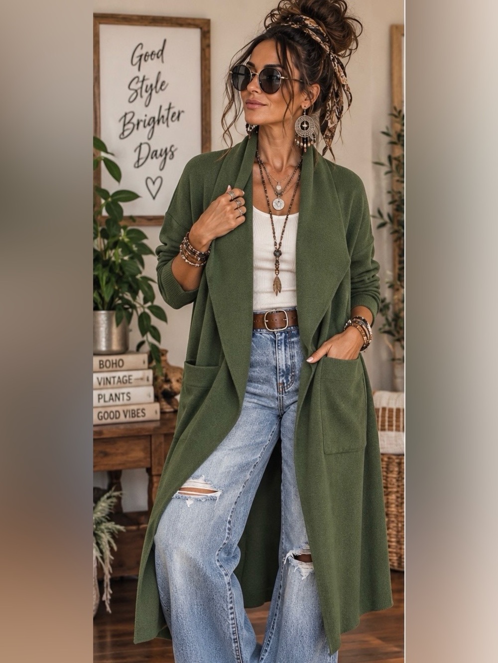 Long Olive Green Open-Front Women’s Cardigan with Pockets